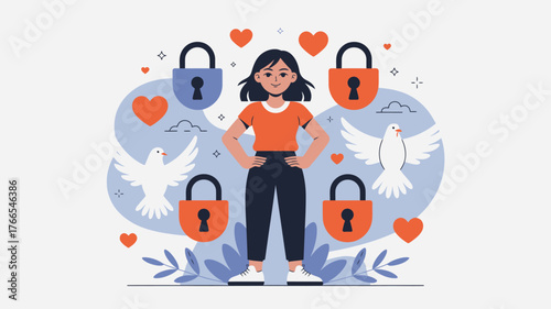 Confident Woman with Locks, Hearts, and Doves in a Symbolic Love and Freedom Illustration