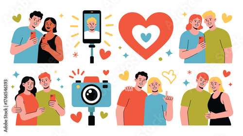 Couples Taking Pictures and Selfies with Smartphones, Camera, Heart Shapes, and Smiling Faces