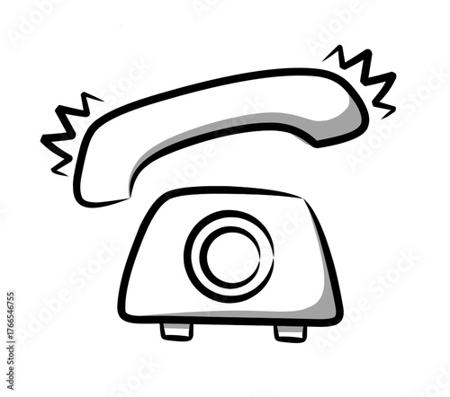 An illustration of a classic landline phone with ringing motion lines, in drawing line art with minimal shading perfect for use in web design, communication icons, infographics, or technology designs 