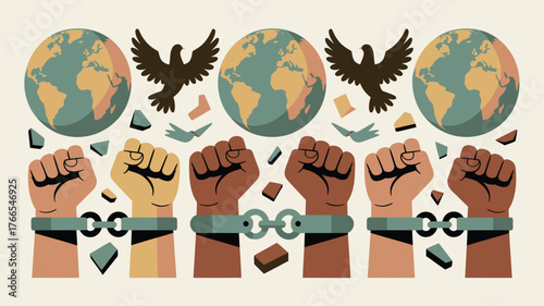 Diverse Fists Breaking Chains Symbolizing Freedom, Peace Doves, and Global Unity Illustration on Beige Background