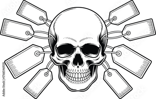Black and white skull with eight blank tags vector