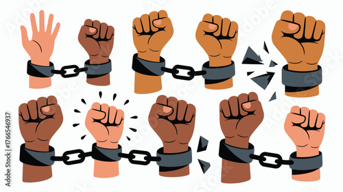 Diverse Fists Breaking Chains Symbol of Freedom, Empowerment, and Breaking Barriers Against Oppression, Multiracial Hands