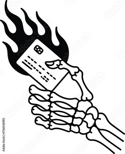 Skeleton hand holding burning credit card vector