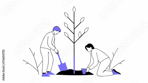Two volunteers collaborating to lift a newly planted tree into a hole with one person checking a planting guide and the other stabilizing the sapling.