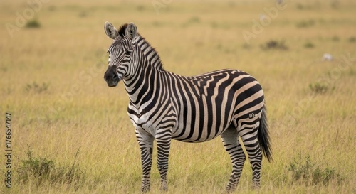 Zebra in a grassy field, standing and facing slightly right, with stripes and attentive pose