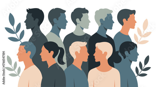 Diverse Group of People Illustration Stylish Profile Silhouettes with Foliage Accents on White