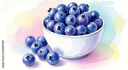 Bowl of Fresh Blueberries - A Watercolor Illustration of Healthy Eating.