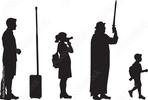 Silhouette set of man with sword and fishing rod vector icons