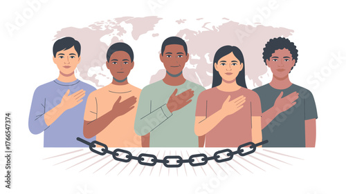 Diverse Group Pledging Allegiance with Chains Below on World Map Background Illustrating Freedom