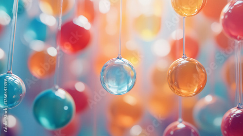 Vibrant and whimsical hanging glass spheres creating a stunning visual display, perfect for adding a touch of modern elegance and playful charm to any project