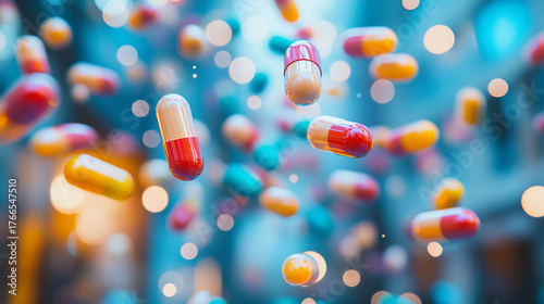 Floating capsules bring hope for healing and wellness, a vibrant reminder of modern medicine and scientific advancement for health solutions