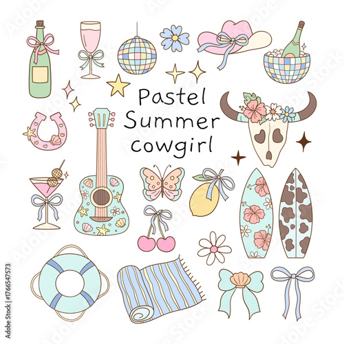 Draw vector illustration collection coastal cowgirl Pastel groovy summer Classroom decor Doodle cartoon style