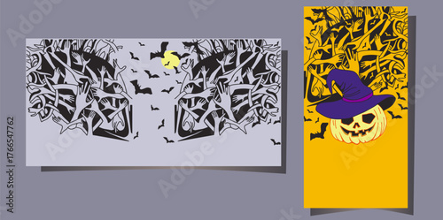 halloween card, vector background with scary hands and pumpkin party