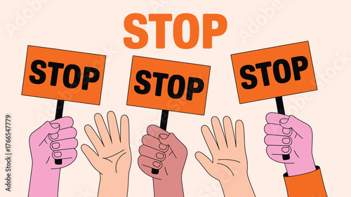 Diverse Hands Holding Stop Signs Illustration of Protest, Awareness, and Social Activism for Change