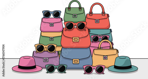 Stack of colorful handbags and sunglasses with hats