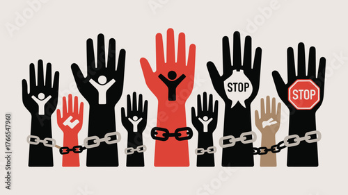 Diverse Hands Raised, Chained, with Stop Signs, Symbolizing Protest and Freedom Seeking