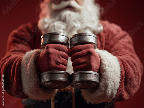 Santa claus hands holding metal dumbbells, preparing for winter holiday, focusing on strength, fitness, and health christmas