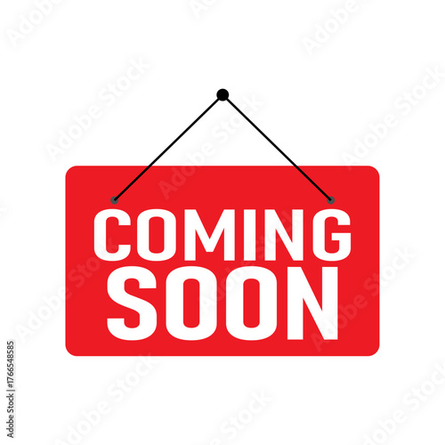 hand made Red coming soon sign hanging with string vector illustration for website or shop promotion.