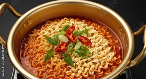 A golden pot holds steaming ramen noodles in red broth, topped with chilies and green onion