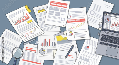 Data Analysis Overload: Documents and Laptop