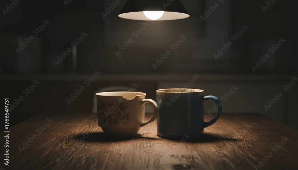 Fototapeta premium Two old mismatched mugs resting on a wooden table in warm, low light.