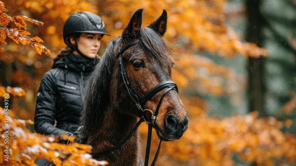 Obraz premium Woman Riding Horse in Autumn Forest, Equestrian Lifestyle and Nature Scenery