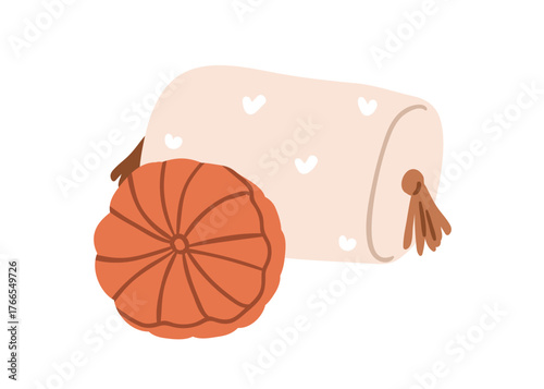 Decorative cushions. Soft pillows in modern design style. Cozy round and cylinder roll, decor with tassels. Home interior decoration, accessory. Flat vector illustration isolated on white background
