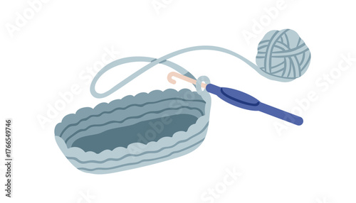 Handmade crochet basket. Knitting with hook and yarn ball in process. Creative DIY and craft hobby, handcraft. Craftwork, handwork, handicraft. Flat vector illustration isolated on white background