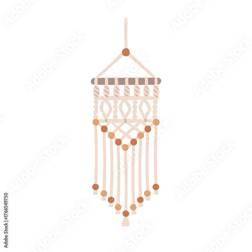 Macrame, wall decoration hanging. Boho style decor with rope knots, beads, cord fringe, string. Decorative handmade interior ornament, accessory. Flat vector illustration isolated on white background