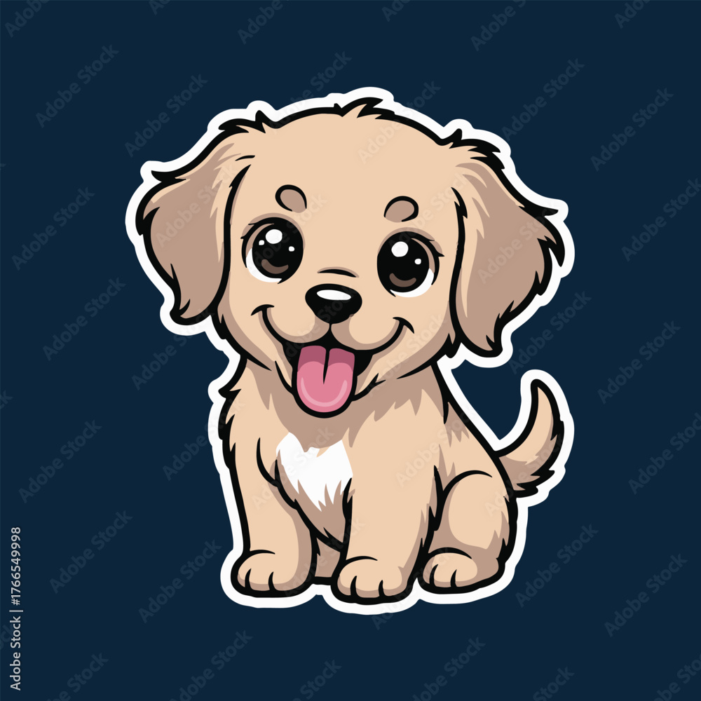 Fototapeta premium Cartoon illustration of a happy golden retriever puppy sitting with its tongue out on dark blue