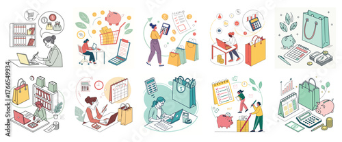 Vector ilustration of Budget Planning and Shopping Illustration. Personal Finance Management and Money Saving. Fintech and money management vector illustration