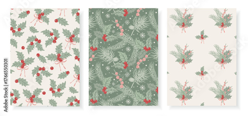 Set of modern seamless vector patterns with holly leaves, berries, pine branches, bows, snow, and winter bouquets in soft pastel colors. Perfect for Christmas wrapping, packaging, fabrics, and decor