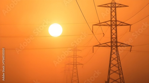 Silhouetted power lines stretch across the horizon against a vibrant orange sunset, creating a dramatic contrast with the glowing sun and atmospheric haze in the background