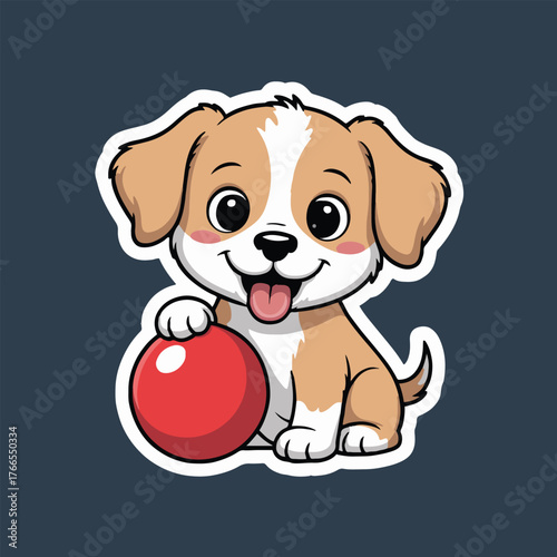 Cartoon puppy sticker with a red ball sitting down and sticking its tongue out on a dark background