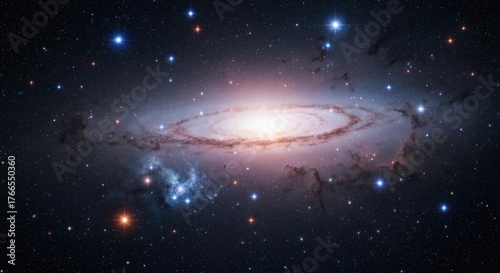 A spiral galaxy with bright center surrounded by arms, stellar clusters, and countless stars
