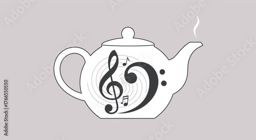 A teapot with musical notes and treble and bass clefs, symbolizing music and tea