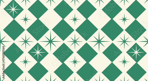 Retro geometric pattern with diamonds and starbursts in green and cream