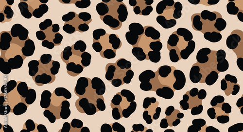 Seamless leopard print pattern with brown and black spots on a light beige background, classic animal motif