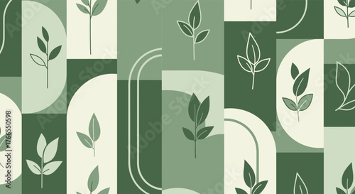 Abstract geometric pattern with green leaves and rounded shapes, evoking nature and modern design