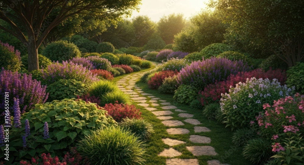 Fototapeta premium A sun-drenched garden path winds through vibrant flowering plants and trees