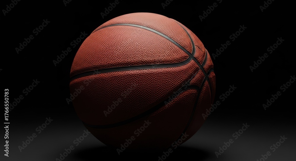 Obraz premium A textured, orange-brown ball, with black seams, sits in a darkened studio