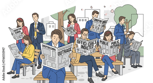 People Reading Newspapers Outdoors, Urban Scene