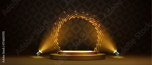 Casino podium stage with golden circular frame of luminous dots and spotlights on dark background. Luxury presentation or winner congratulation platform for product display or promotional content.