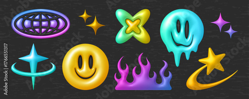 3d y2k object collection - glossy smiling faces with melting effect, gradient flames and sparkling stars. Retro futuristic shapes in vibrant neon colors for nostalgic digital design or branding.