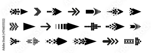 Black arrow signs set isolated on white background. Vector illustration of narrow geometric direction indicators with thin lines, dots, squares, triangles, navigation buttons kit, flat route symbols