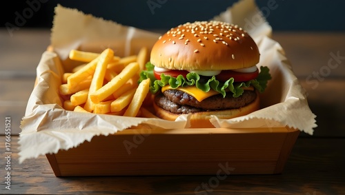Delicious hamburger with sesame seed bun, fresh lettuce, tomato, cheese, and onion served alongside crispy golden fries in a rustic wooden tray on a wooden table