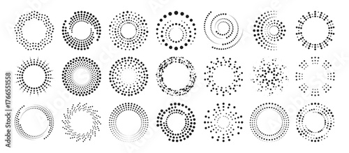 Dot radial ripple halftone patterns with circular gradients and wave effects. Black various geometric textures for print design, backgrounds or modern abstract compositions on white surface.