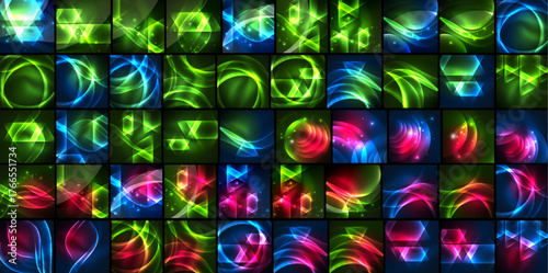 Bright colorful abstract squares. Various neon lights, curves, shapes create dynamic visual patterns. Intense glow dominates composition.