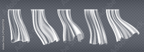 Flowing window curtain cloth set with realistic fabric folds. Swaying white sheer drapery panels Transparent lightweight textile billowing in breeze or wind for interior decoration and home design.