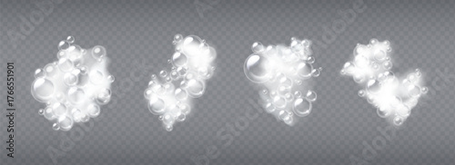 Bathing foam clusters with soap bubbles and sud texture - transparent spheres floating within white lather for cosmetic or cleaning products. Shampoo froth elements for washing and hygiene design.